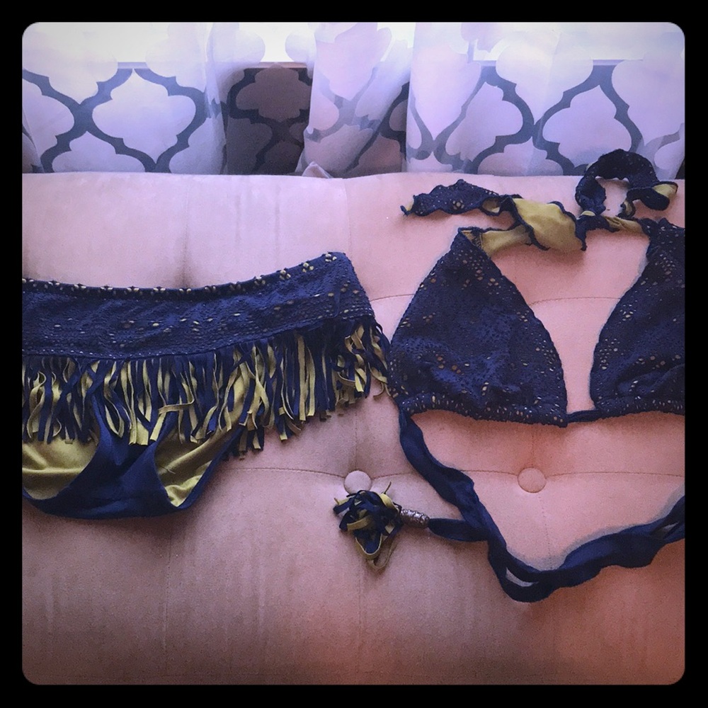 Becca navy lime green fringe bikini